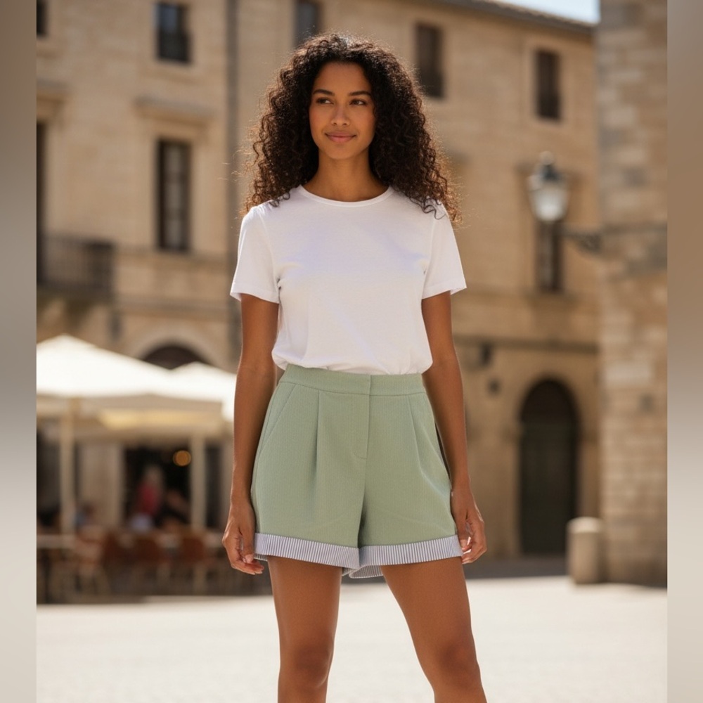 English Factory Green Shorts Blue Stripe Cuff XS